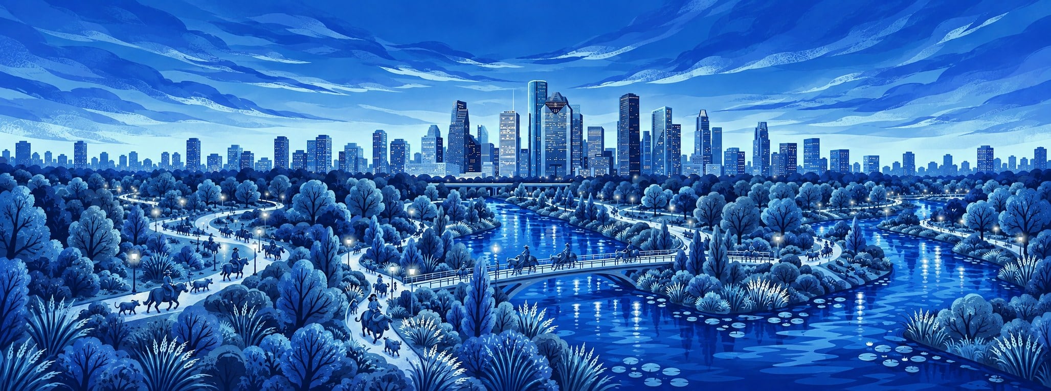 Blue illustrated Houston skyline above Buffalo Bayou, with trees, trails and buffalo