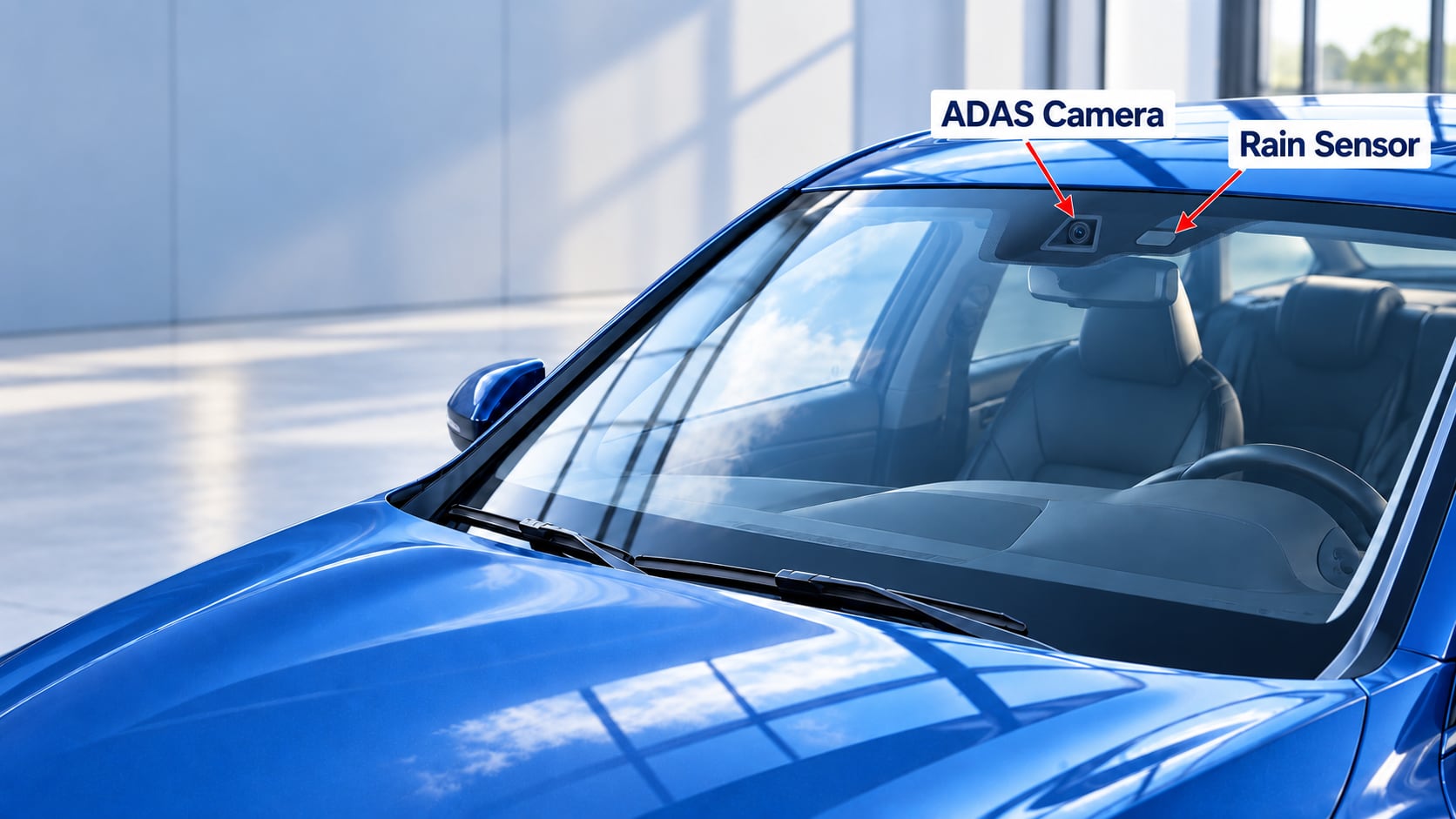 Concept windshield illustration with red arrows identifying an ADAS camera and rain sensor; not a photograph of Buffalo Bayou’s shop